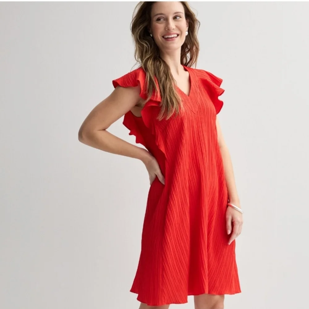 Sandra Darren Red V-Neck Ruffle Sleeve Midi Dress
